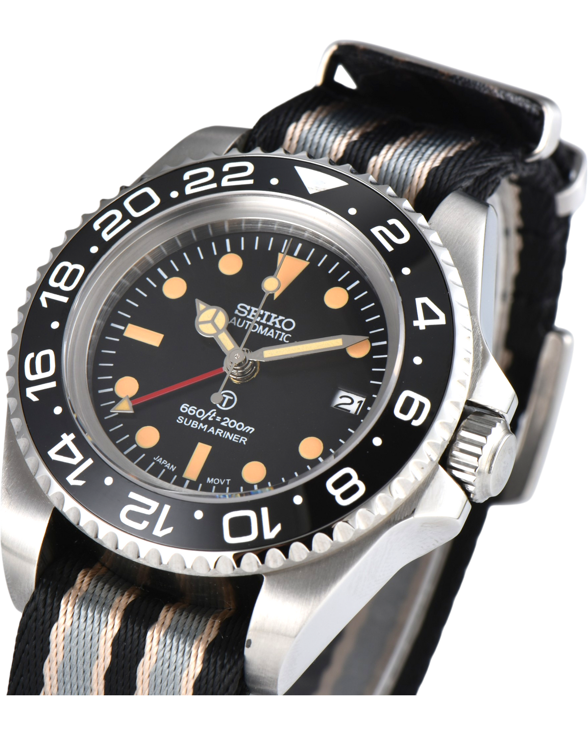 Seiko GMT Date Vintage JamesB Mod Watch - Nylon Strap - 44mm